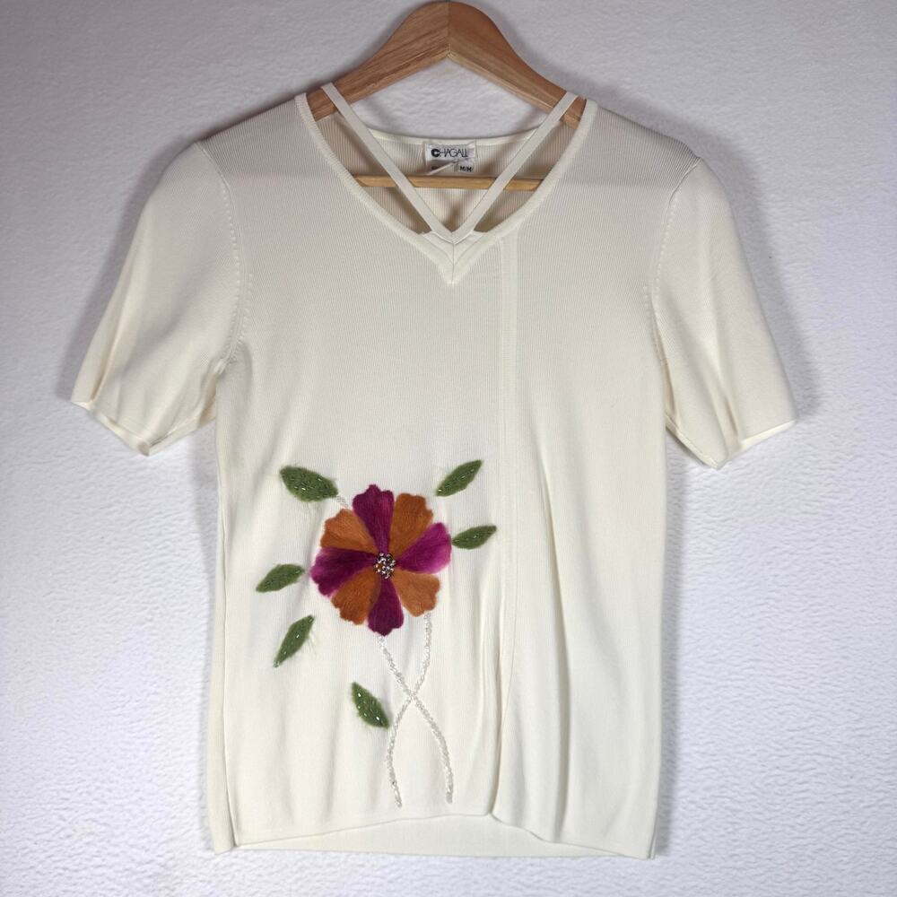 CHAGALL Women Floral Liquid Knit Stretch Shirt Medium Y2K Minimalist